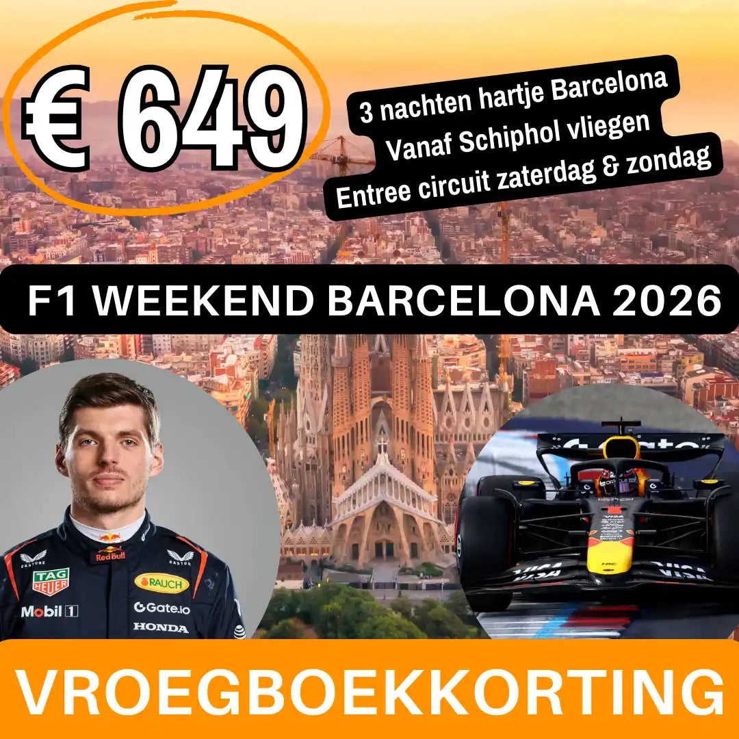 An advertisement for an F1 Weekend in Barcelona for €649, including 3 nights in Barcelona, flights from Schiphol, and circuit entrance for Saturday and Sunday, with an early booking discount.