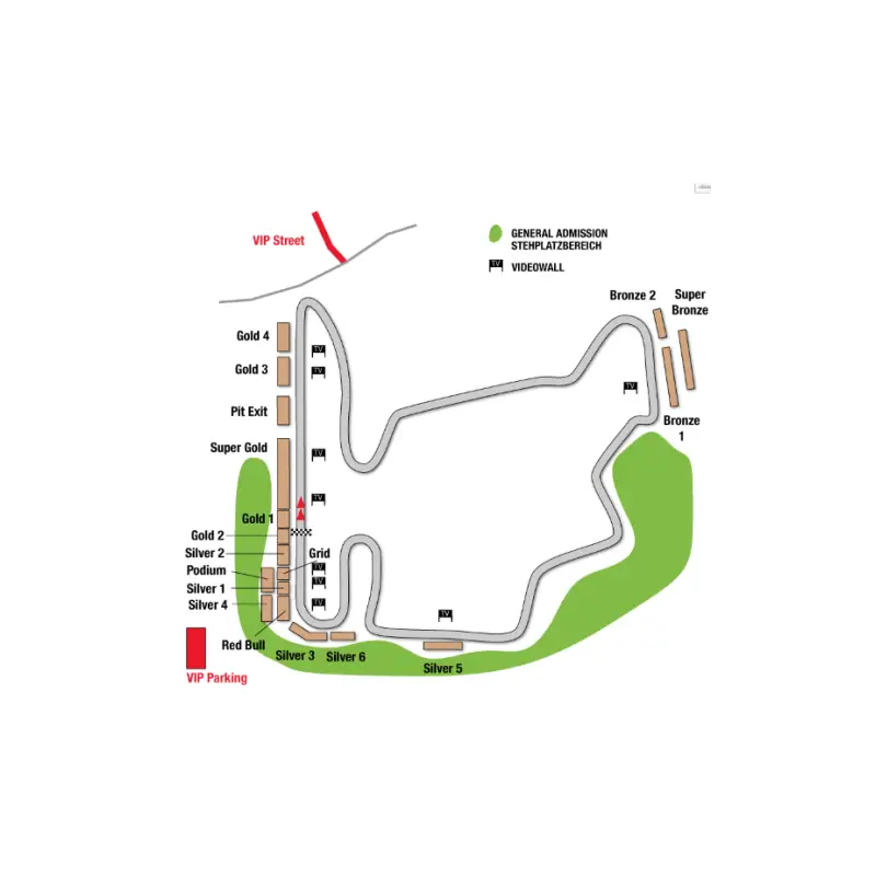 F1 Budapest 2026 race track map showing general admission green hill areas for weekend ticket July 24-26, 2026