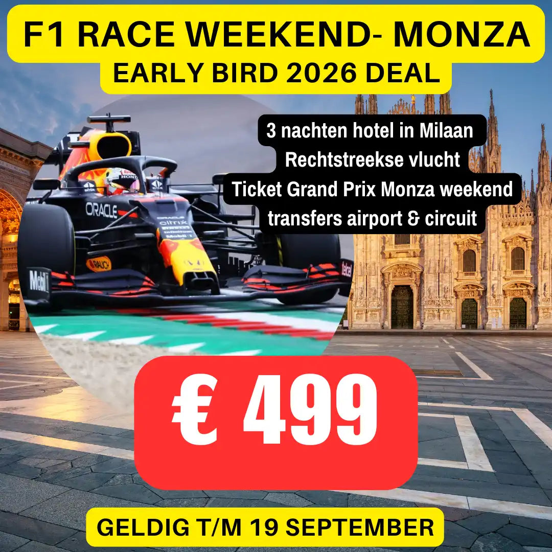 An F1 Race Weekend package to Monza for 2026, including hotel, flight, Grand Prix ticket, and transfers, priced at €499.