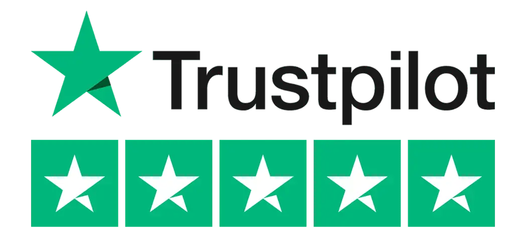 Green star-shaped logo with white stars on a black background, representing trustpilot.